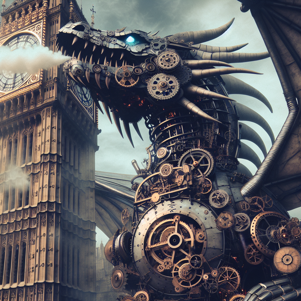 Steampunk-style mechanical dragon in Victorian London